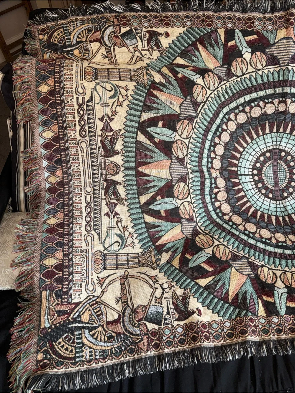 Egyptian theme Turquoise Brown lap Tapestry - crown crafts woven blanket
